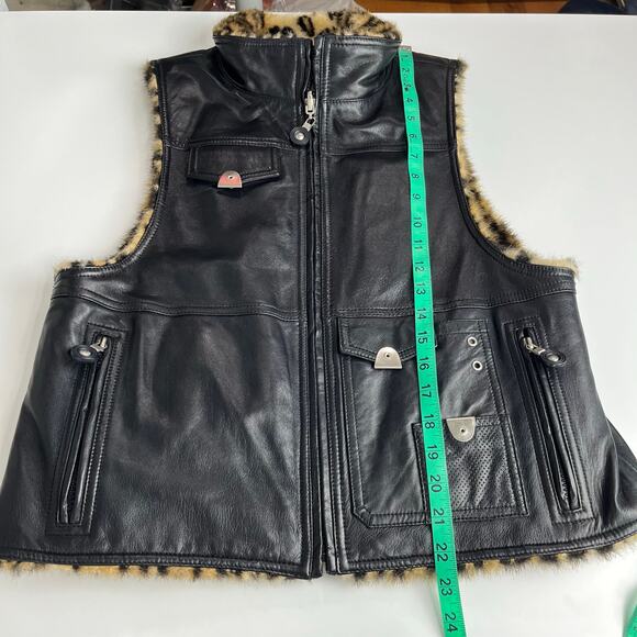 Jamie Sadock Black Leather and Leopard Faux Fur Reversible Zip up Vest Medium - Picture 8 of 16